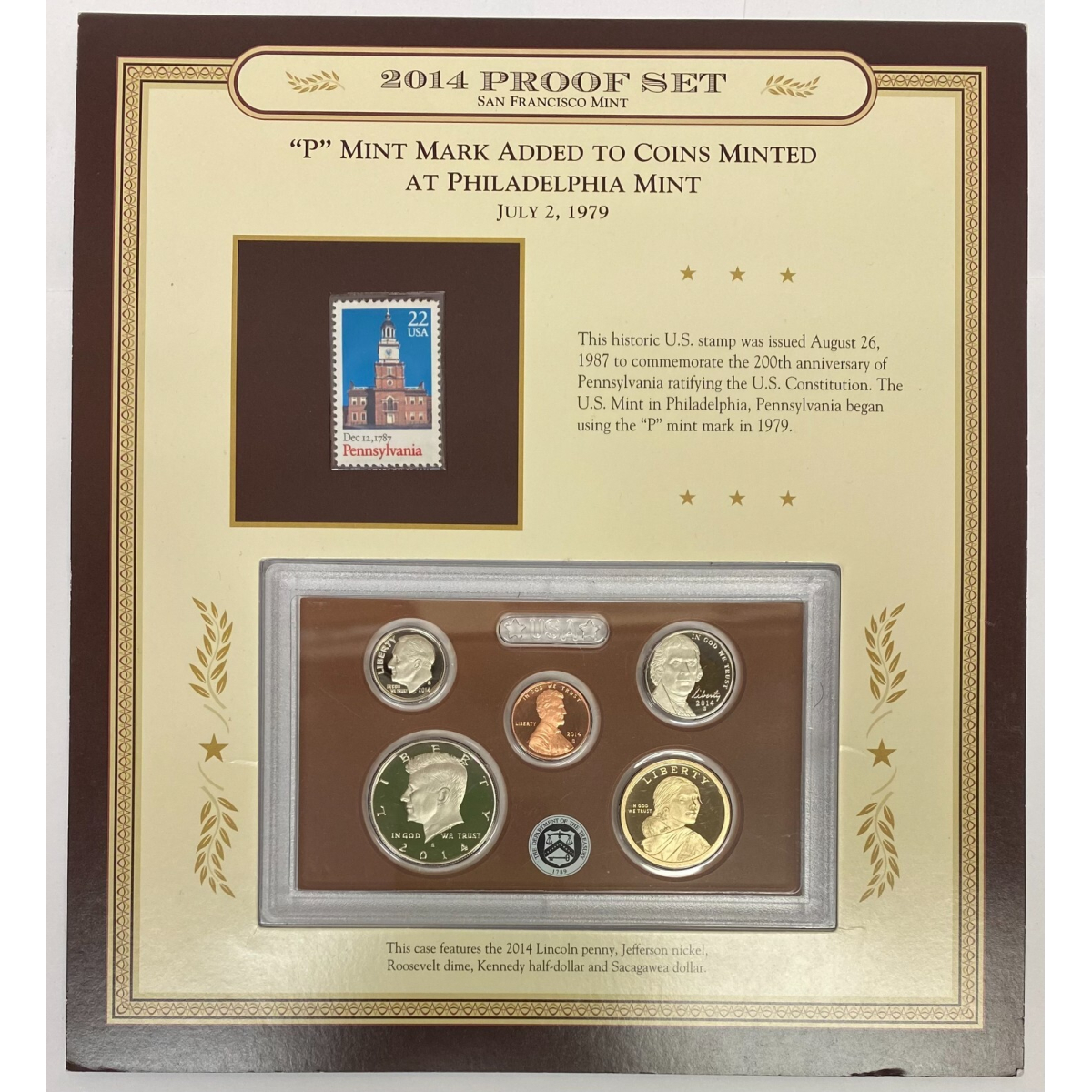 2014 San Francisco Mint Proof Set with Historic Dec, 1787 Pennsylvania Stamp