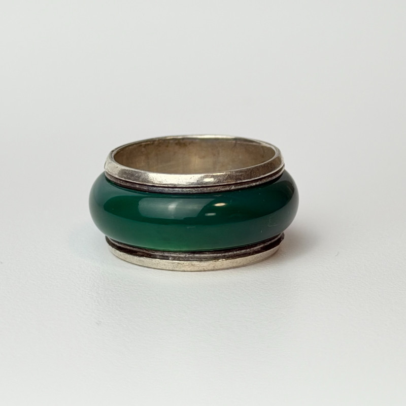 Vintage Rare Silver Banded Green Jade Eternity Band Ring, sz 6.0