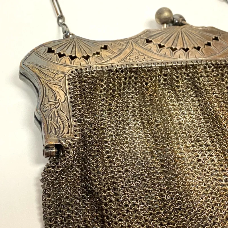 Antique Sterling Silver Mesh Purse - Ruby A Rossback 1909 Engraving
