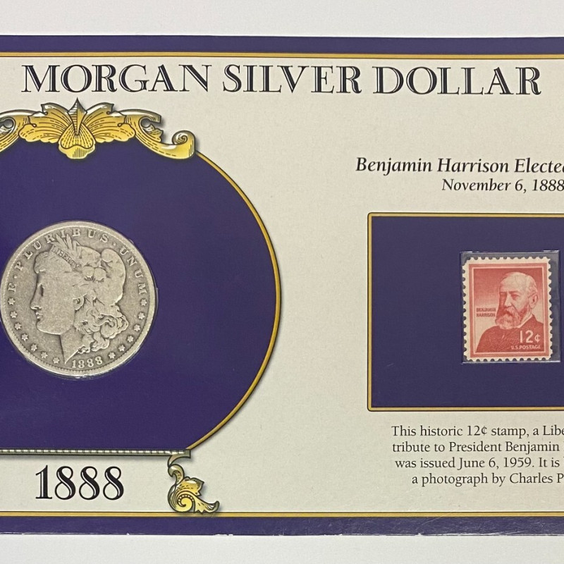 1888 O The U.S. Morgan Silver Dollar Collection Card & Postal Stamps $1