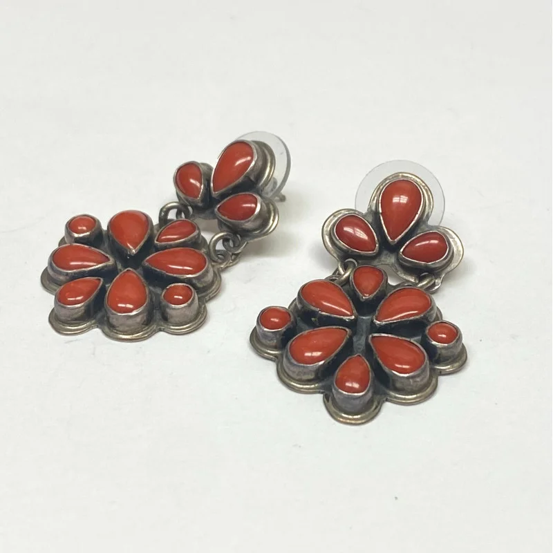 Geneva g. A. Sterling Silver CLUSTER DANGLE EARRINGS Red Mediterranean CORAL