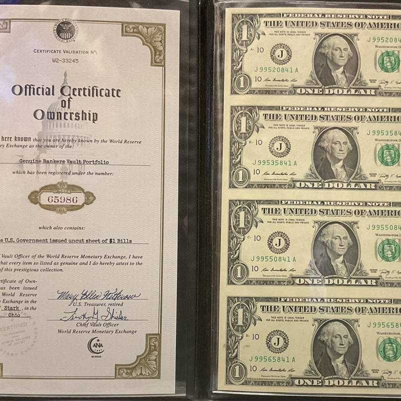 Uncut Sheet 2009 One Dollar Bills. $1 U.S. Banker's Vault Fed Portfolio Sheet