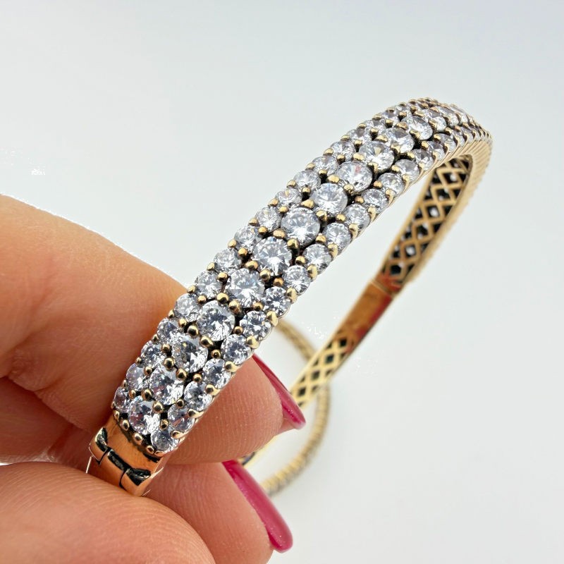 Sterling 925 Signed CN FZN Three Row Cubic Zircon Hinged Bangle 8.2''