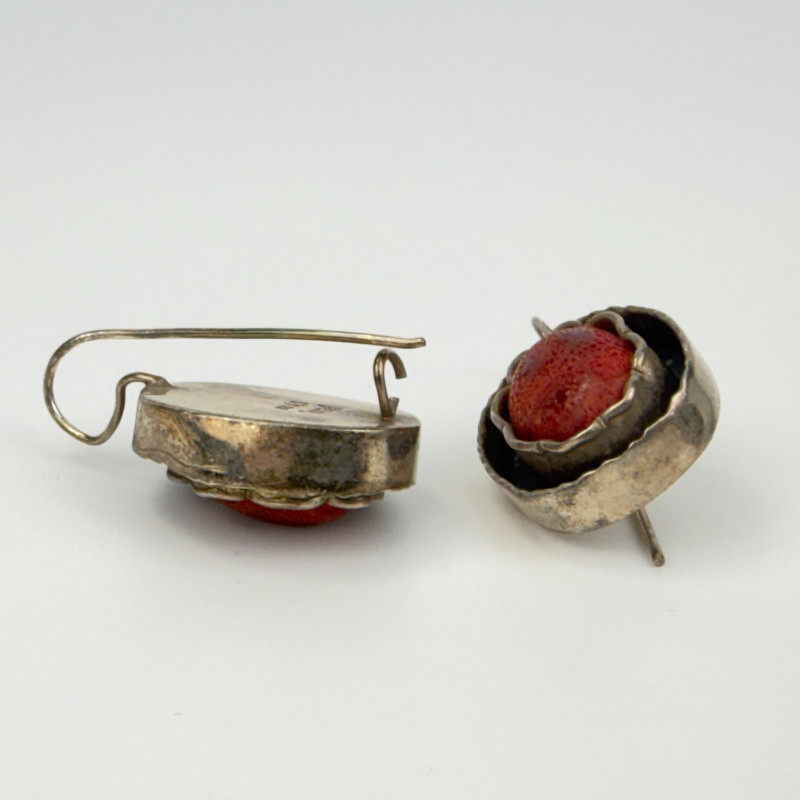 Vintage Israel Red Coral Earrings 925 Sterling Silver Drop Dangle