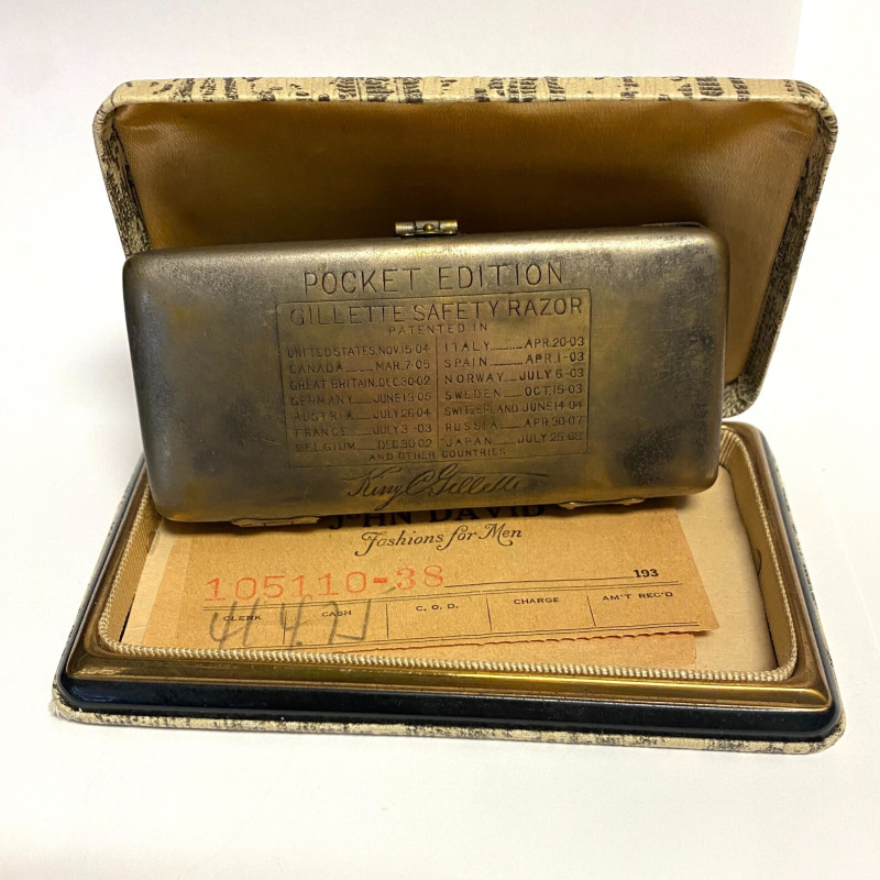Vintage Gillette Pocket Edition Safety Razor Original Cases, John David Receipt Vintage Gillette Pocket Edition Safety Razor Original Cases, John David Receipt