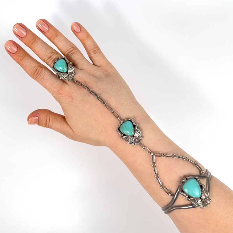 Antique Native American Blue Turquoise Cabs Bangle Slave Bracelet