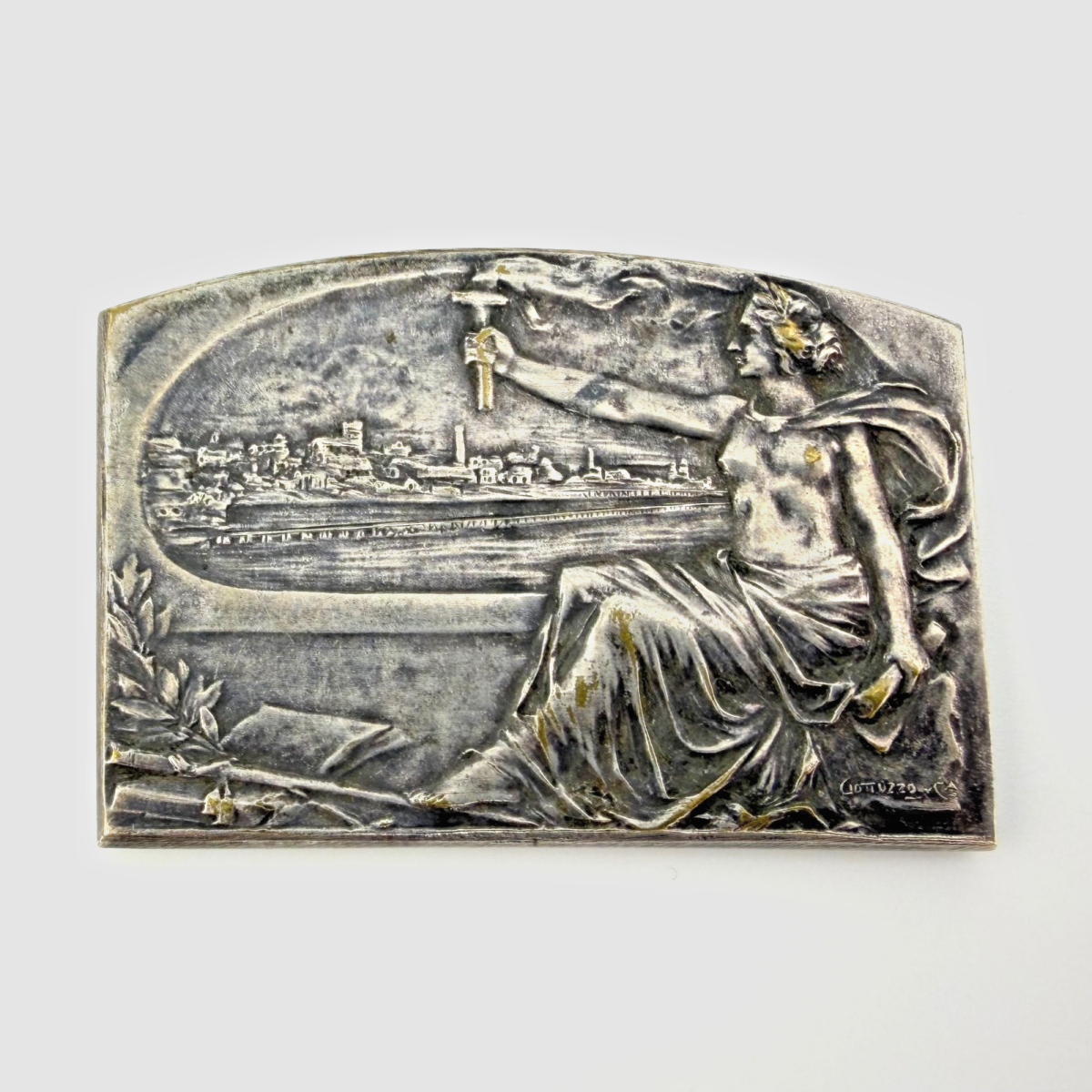 Uruguay 1915 Art Nouveau seated lady, torch, citizen behind, port, beauty medal