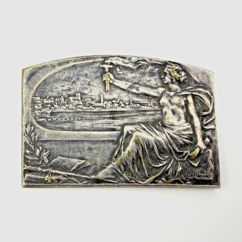 Uruguay 1915 Art Nouveau seated lady, torch, citizen behind, port, beauty medal