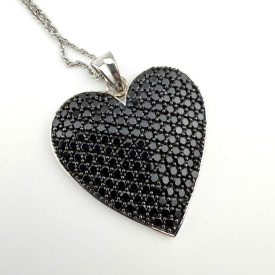 Vintage Sterling Silver 925 Large Black Onyx Heart Pendant necklace 18” KHR