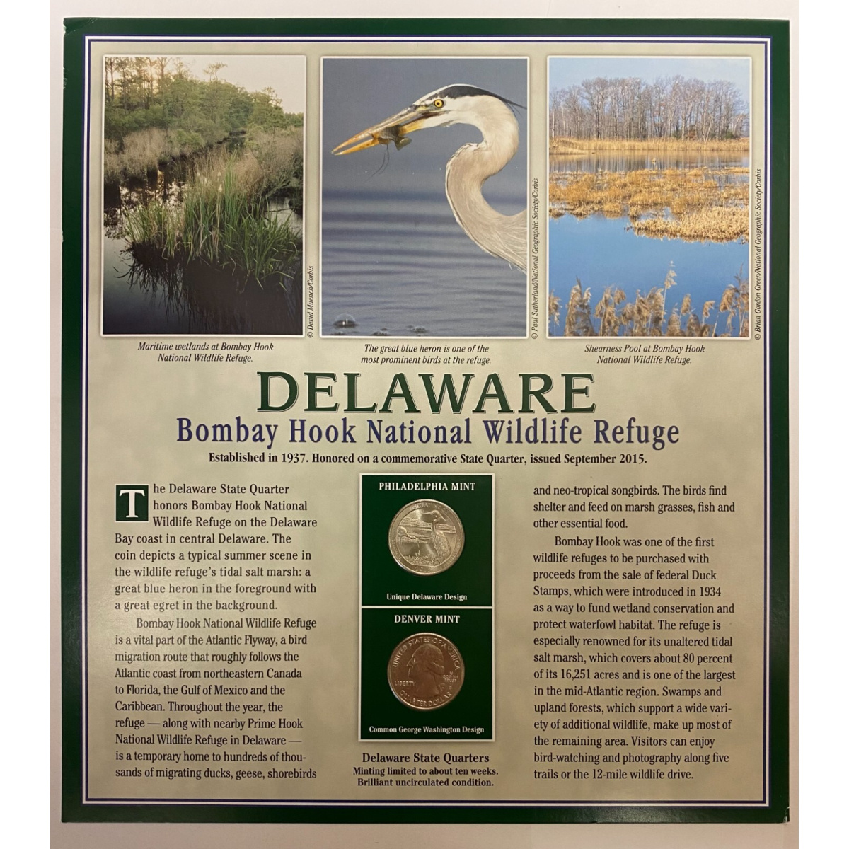 2015 P + D Delaware Bombay Hook Refuge Quarters + Stamps Placard w/Protector PCS