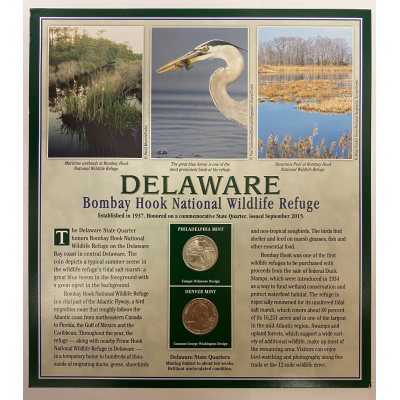 2015 P + D Delaware Bombay Hook Refuge Quarters + Stamps Placard w/Protector PCS