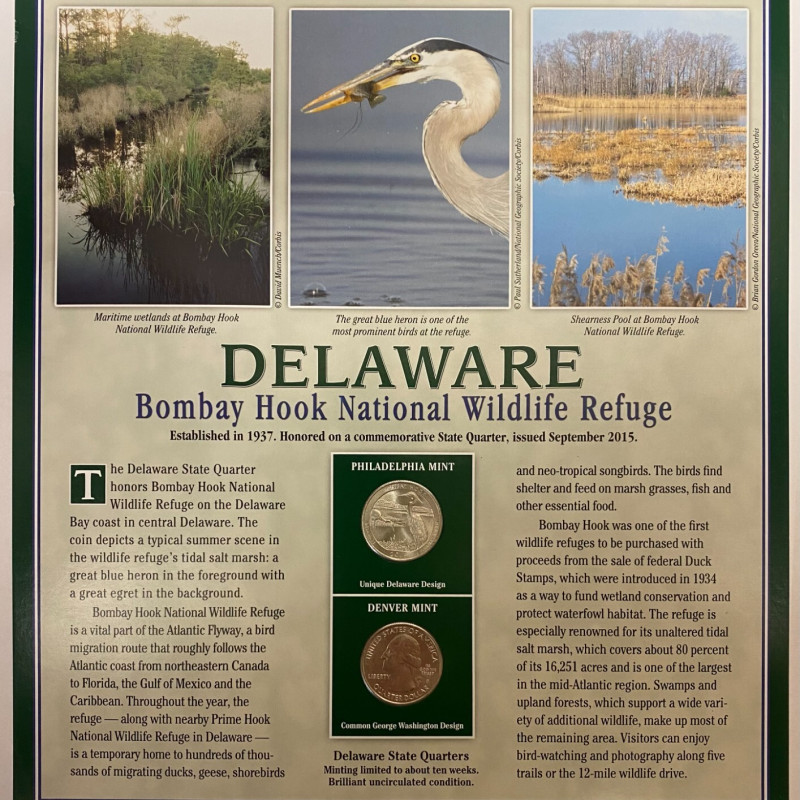 2015 P + D Delaware Bombay Hook Refuge Quarters + Stamps Placard w/Protector PCS