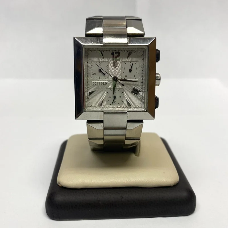 Rare Square Concord Swiss Chronograph LaScala Guilloc Date Dial,Sapphire Crystal