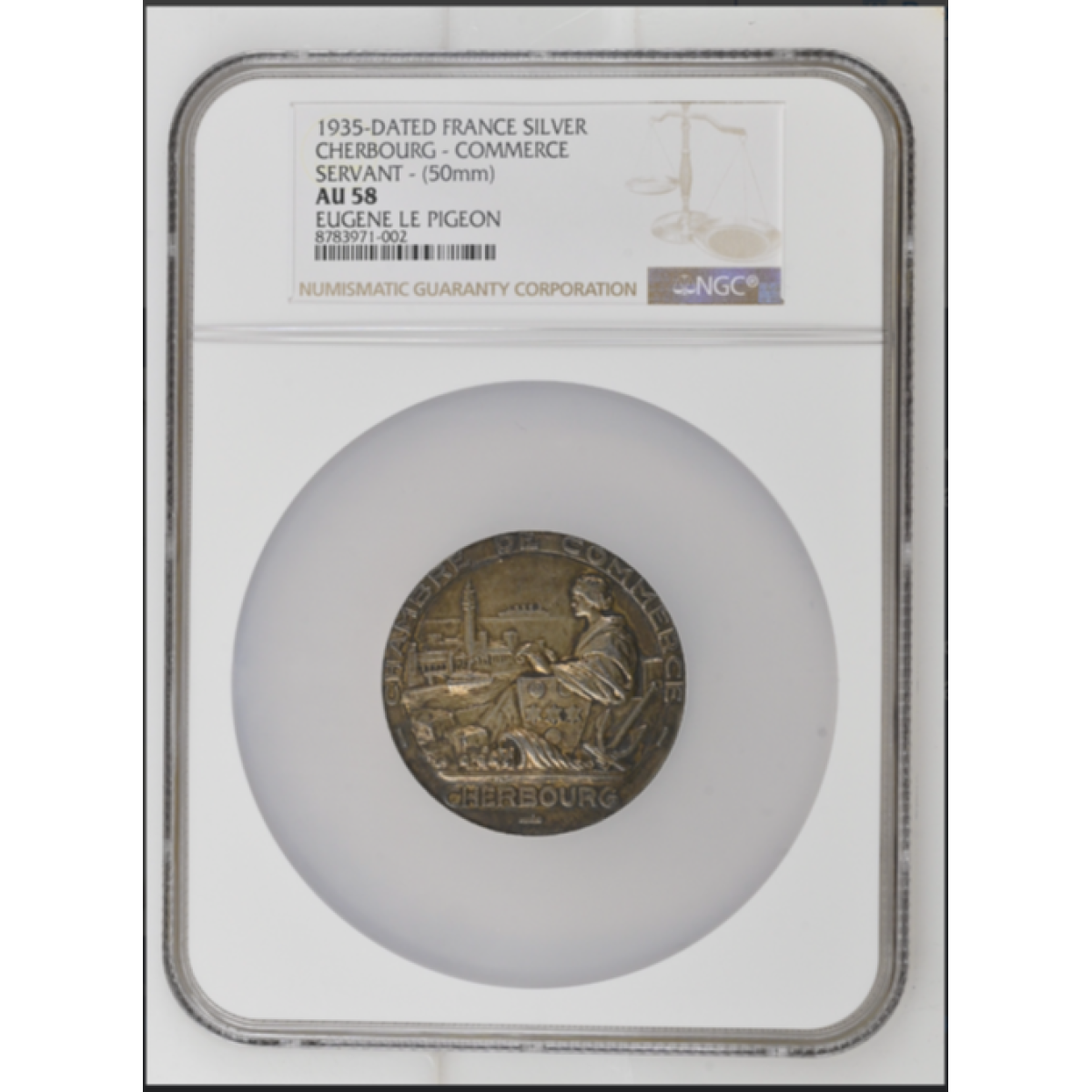 1935-Dated France Silver Cherbourg-Commerce Servant - (50mm) NGC AU 58