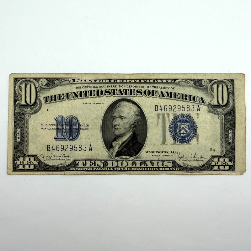 1934-D $10 Silver Certificate Blue Seal Note New York B