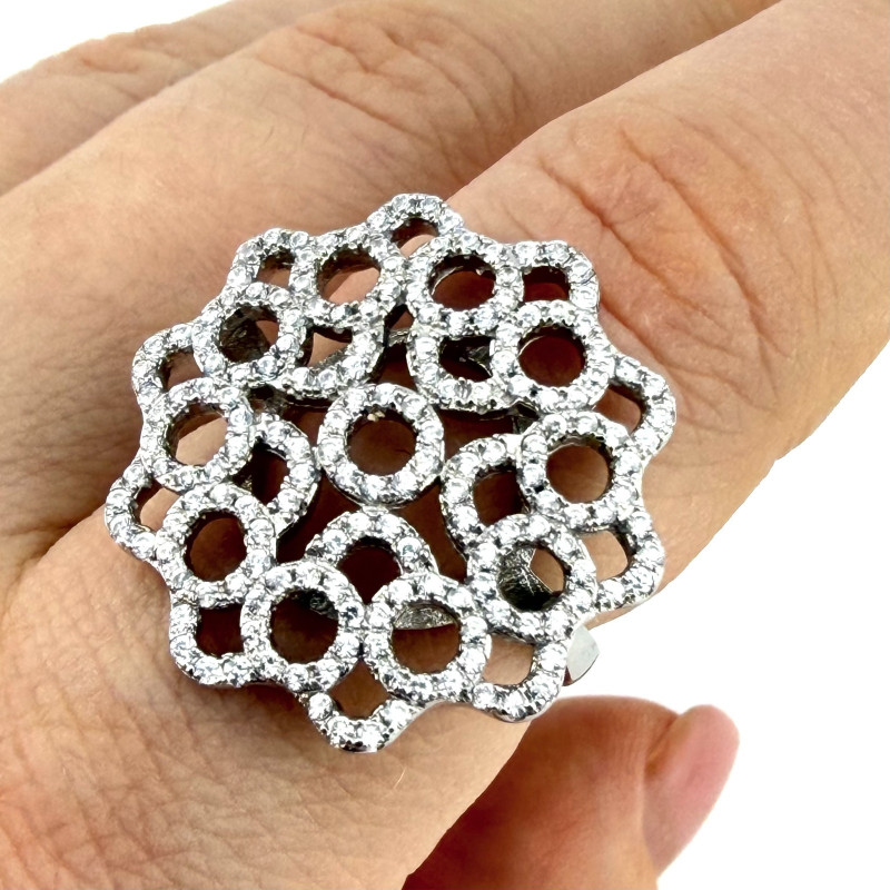 Cocktail Party Round Flower Fashion Shining Ring 925 Silver Size 6.5