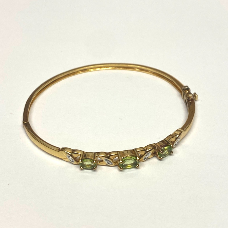 Sparkly Over Sterling Silver Dipped Gold Peridot Green & Clear Stones Oval 