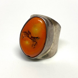 Superb Vintage Sterling Silver Salmon Orange Coral Ring Size 7.25