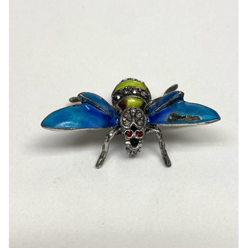 Antique 6 Legged Mosquito Designed w/Blue/GREEN Color Red Ruby Eye Brooch 925