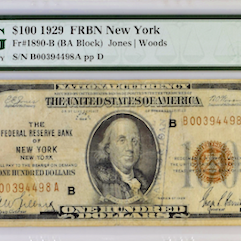 FR#1890-B 1929 PMG FRBN NEW YORK ( BA BLOCK) JONES WOODS