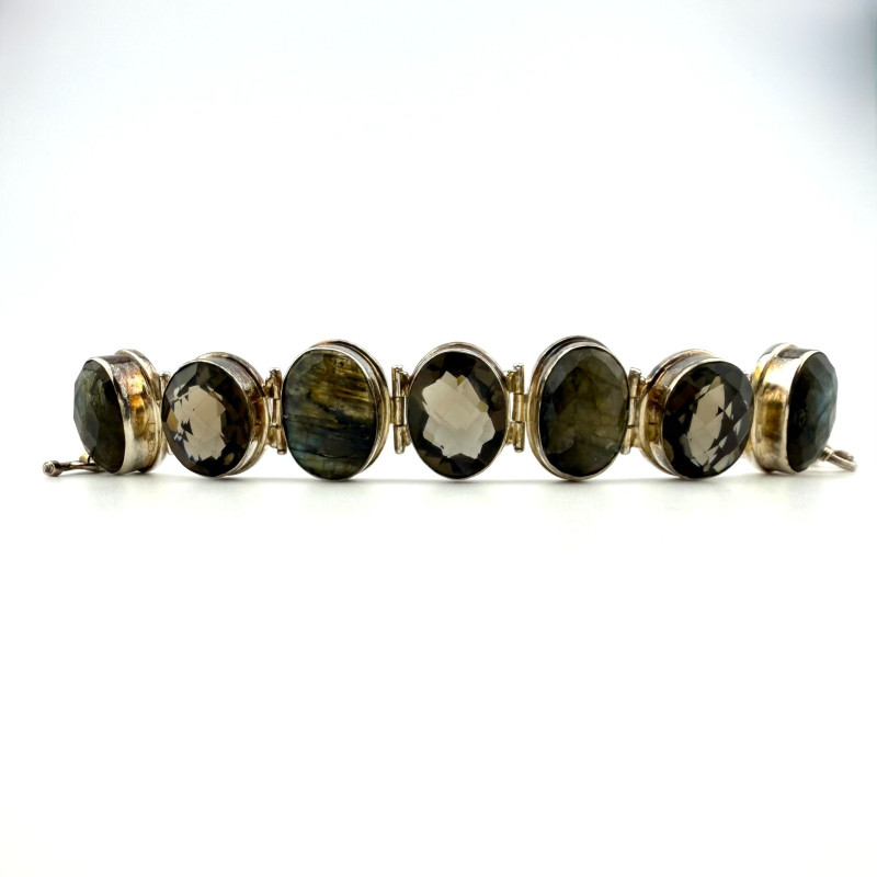 Sterling Silver 925 Large Smokey Quartz and Labradorite Gemstone Bracelet