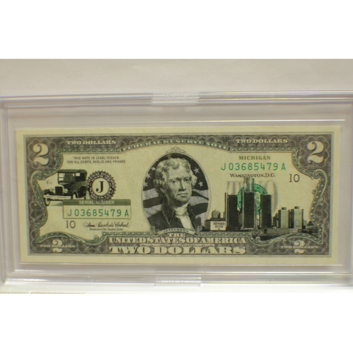 Uncirculated Series 2003A $2 Bill New Jersey Overprint with Clear Case Holder