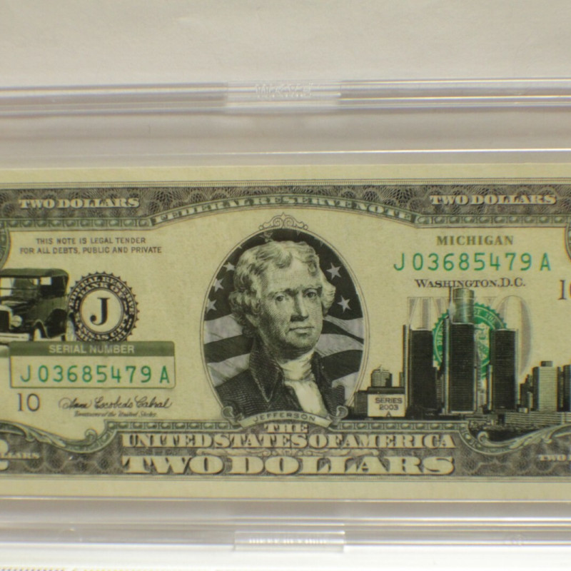 Uncirculated Series 2003A $2 Bill New Jersey Overprint with Clear Case Holder