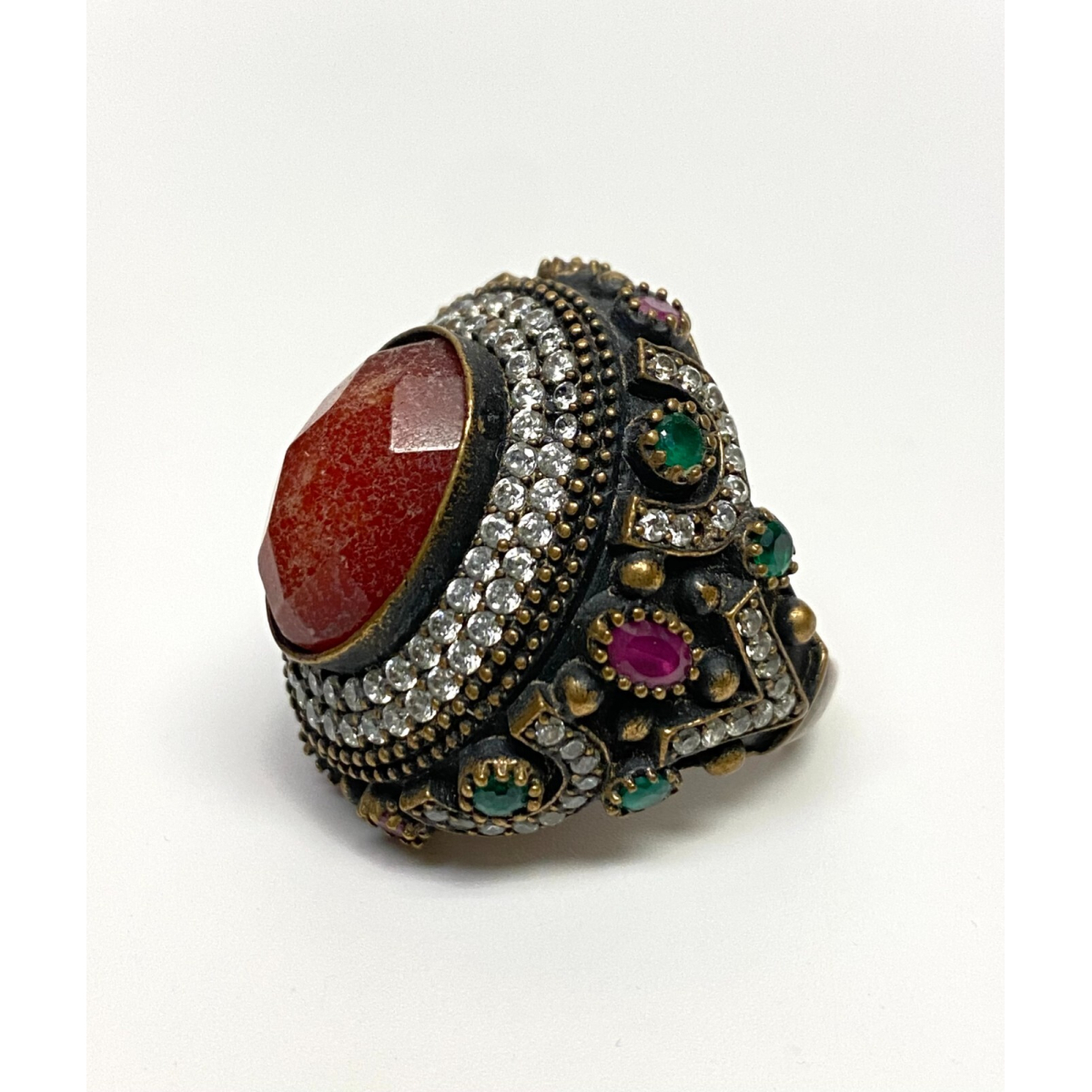 Vintage Men's Silver Ring With Agat, White Sapphire, Ruby, Emerald