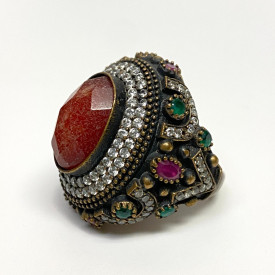 Vintage Men's Silver Ring With Agat, White Sapphire, Ruby, Emerald