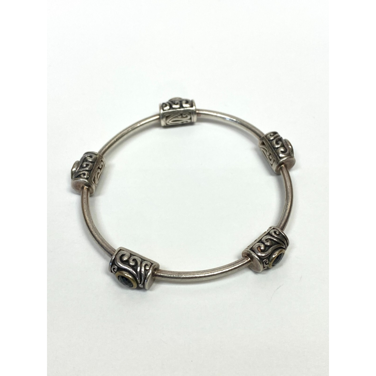 Vintage YJ 925 Sterling Silver & Round Black Onex Stones Bracelet