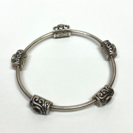 Vintage YJ 925 Sterling Silver & Round Black Onex Stones Bracelet
