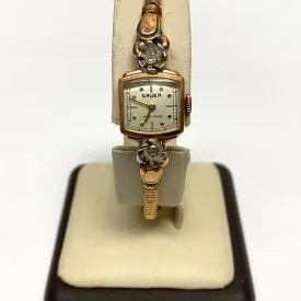 Vintage Ladies GRUEN VERI-THIN Watch 14K Gold 2 Diamonds Swiss Made 17 Jewel