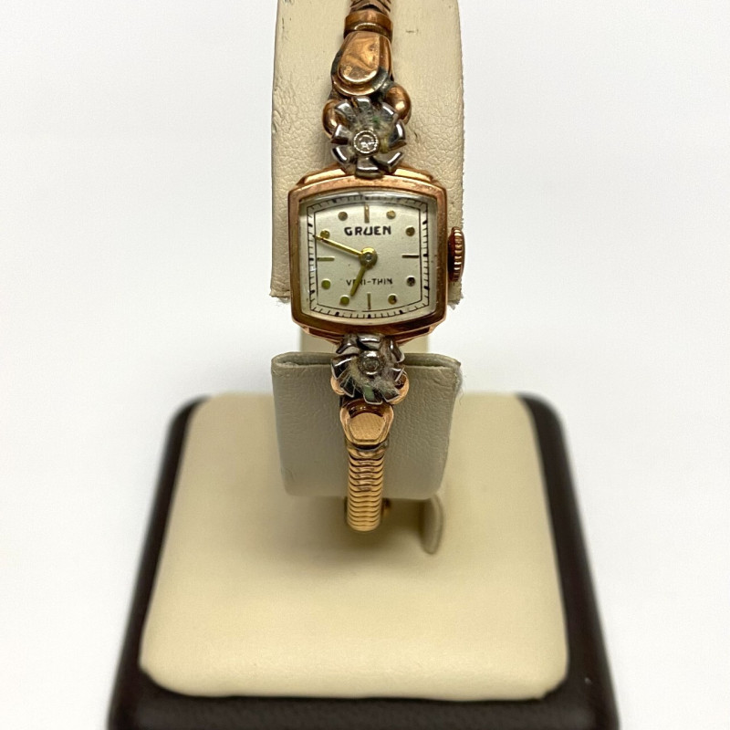 Vintage Ladies GRUEN VERI-THIN Watch 14K Gold 2 Diamonds Swiss Made 17 Jewel