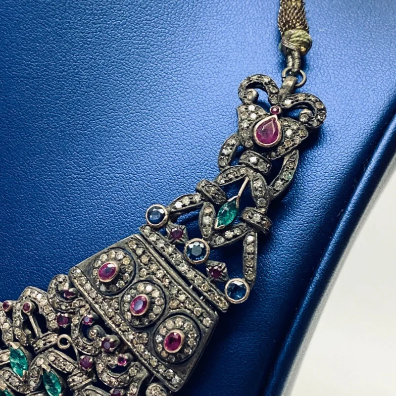 Antique Handmade Necklace and Earrings Diamond Tourmaline Ruby Emerald Sapphire