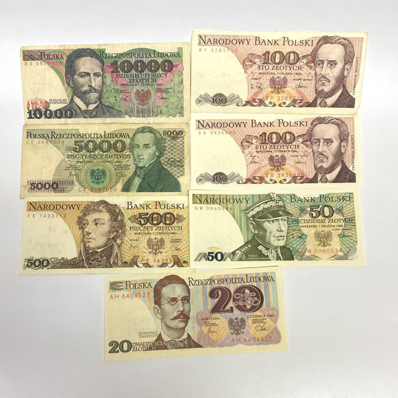 7 note set Poland 10000, 5000, 500, 2x100, 50, 20 Zlotych , 1982-1988 7 note set Poland 10000, 5000, 500, 2x100, 50, 20 Zlotych , 1982-1988
