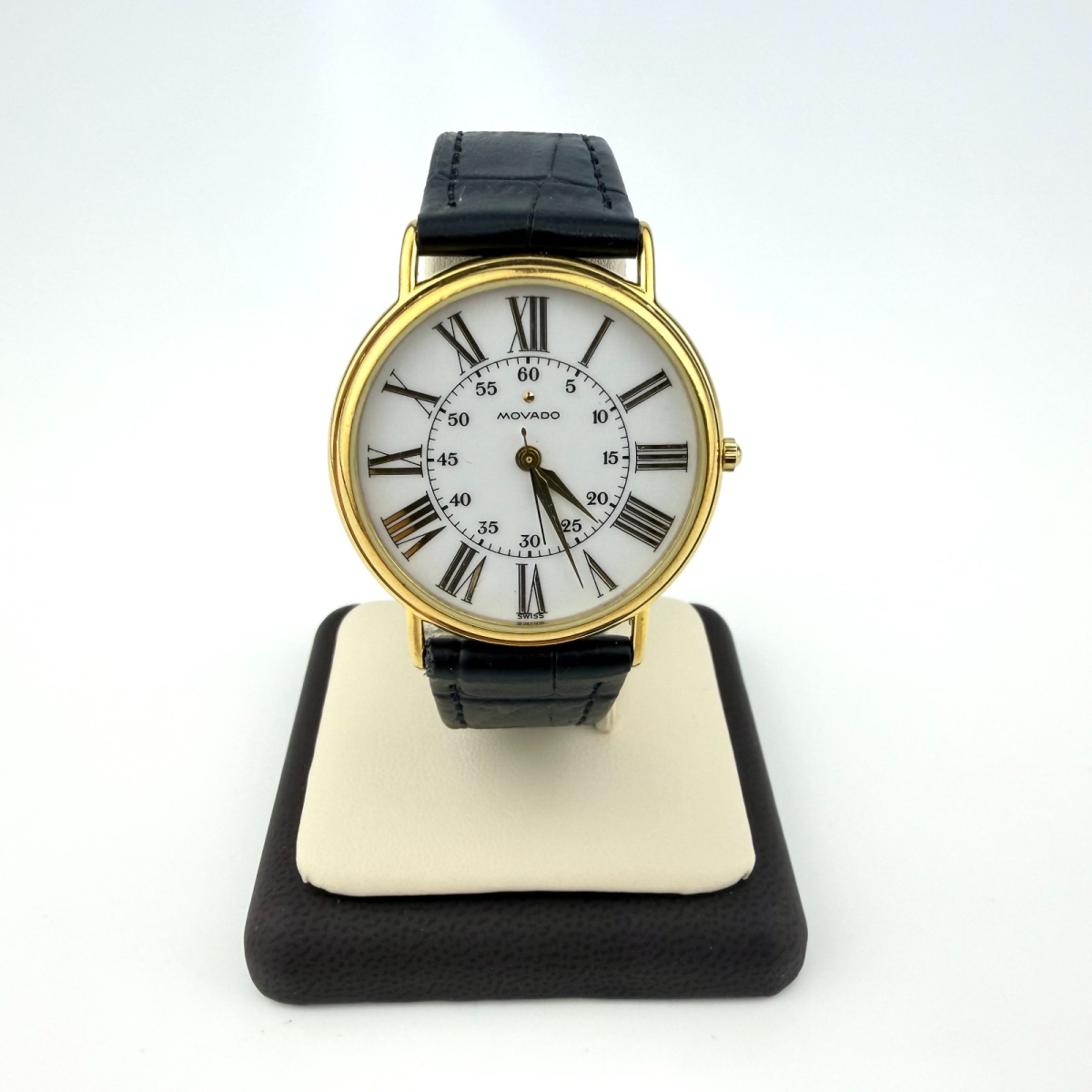Vintage Movado Ladies Gold Plated Dress Watch Black Leather Strap Swiss Quartz