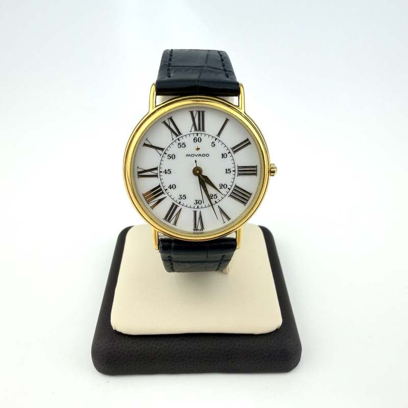 Vintage Movado Ladies Gold Plated Dress Watch Black Leather Strap Swiss Quartz