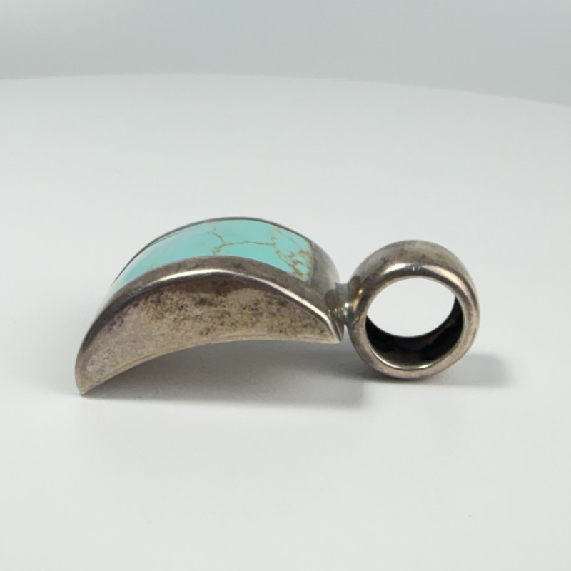 Vintage Mexican Sterling Silver Turquoise Curved Inlay Pendant - 14.9g