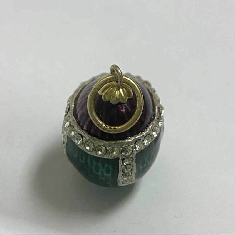 Antique Sterling Silver Green/Plum Colored Diamond Studded Enamel Egg