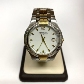 Wittnauer White Dial Date Gold Electro Plated Diamond Bezel Stainless Watch  