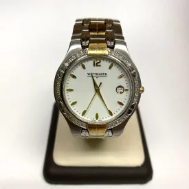 Wittnauer White Dial Date Gold Electro Plated Diamond Bezel Stainless Watch  