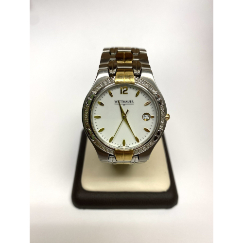 Wittnauer White Dial Date Gold Electro Plated Diamond Bezel Stainless Watch  