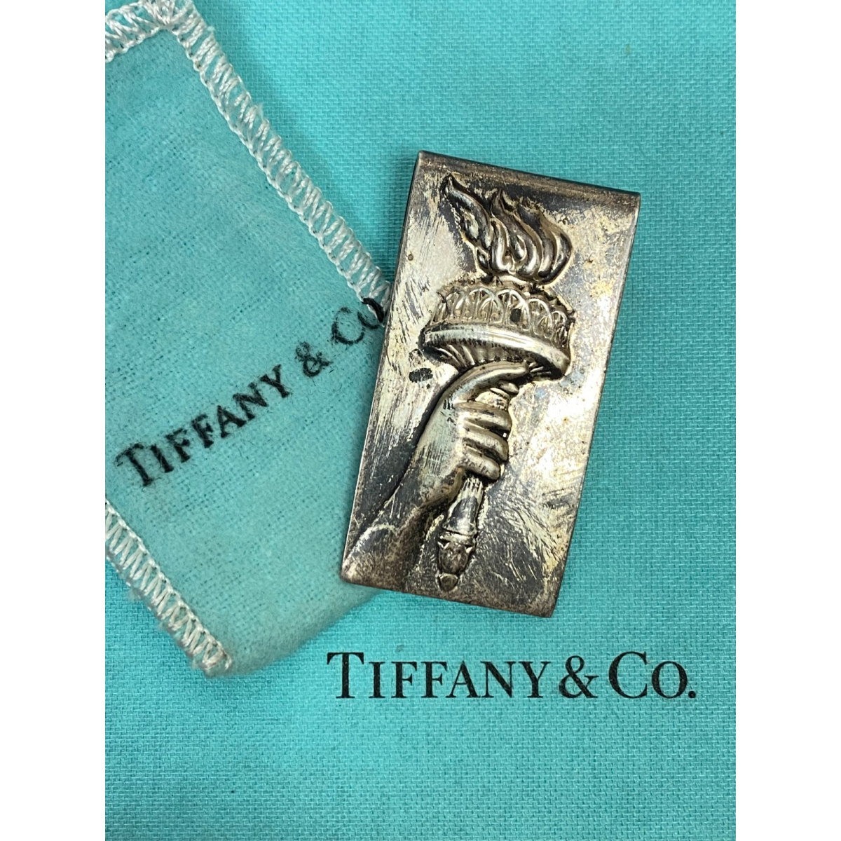 Tiffany & Co Silver Statue Liberty Torch Fire Money Clip Holder W/Pouch &am