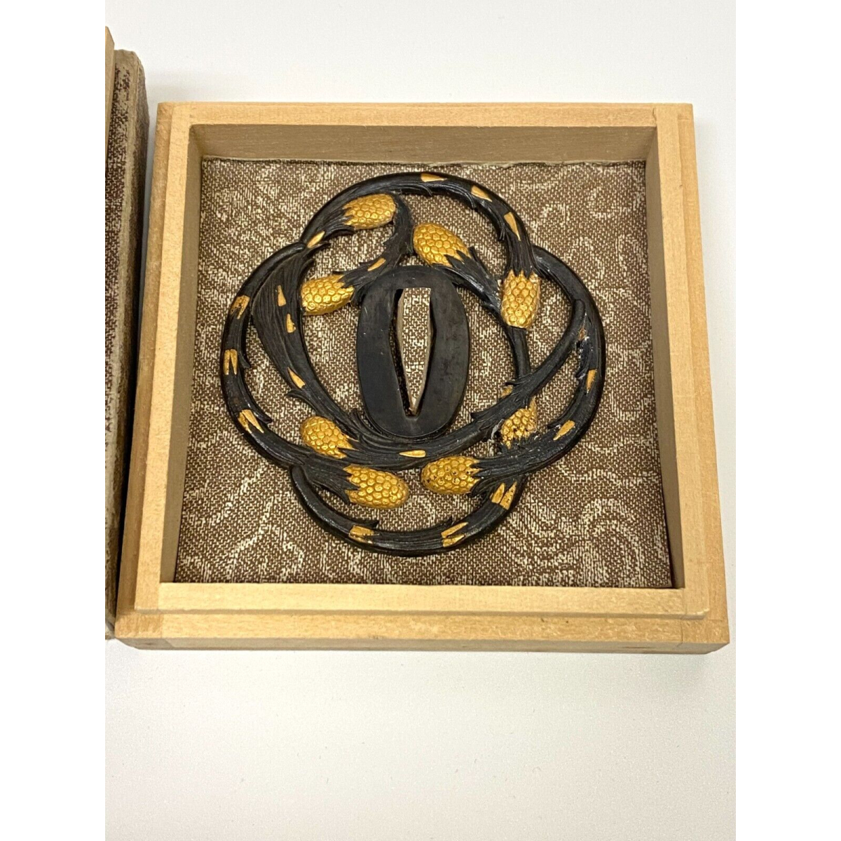 Antique Japanese Tsuba - Iron Sword Guard with Gold Inlay - Pinecone Motif