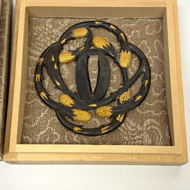 Antique Japanese Tsuba - Iron Sword Guard with Gold Inlay - Pinecone Motif