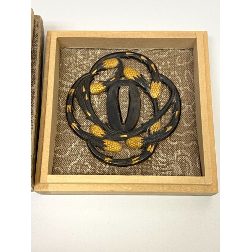 Antique Japanese Tsuba - Iron Sword Guard with Gold Inlay - Pinecone Motif
