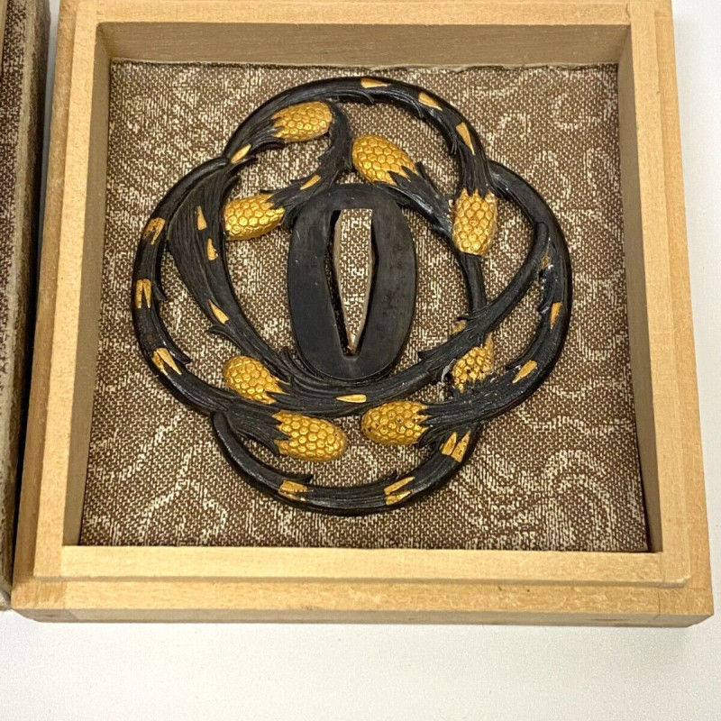 Antique Japanese Tsuba - Iron Sword Guard with Gold Inlay - Pinecone Motif Antique Japanese Tsuba - Iron Sword Guard with Gold Inlay - Pinecone Motif