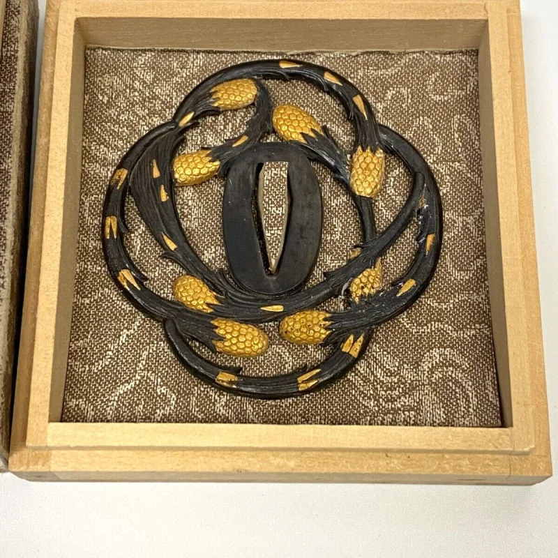 Antique Japanese Tsuba - Iron Sword Guard with Gold Inlay - Pinecone Motif