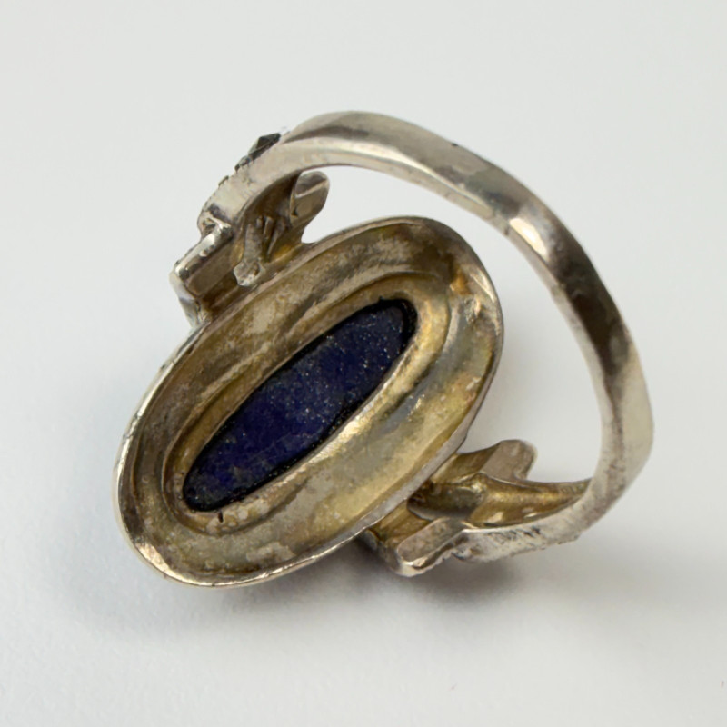 Oval Blue Lapis Lazuli and Marcasite Halo Gemstones Sterling Silver Vintage Ring