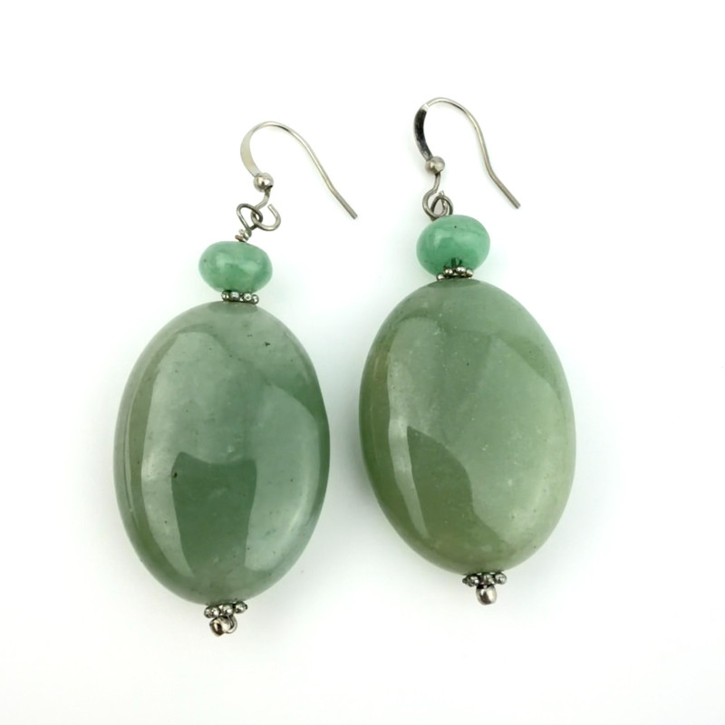 Large Oval Genuine Handmade Light Green Jade Silver Dangle Earrings SS
